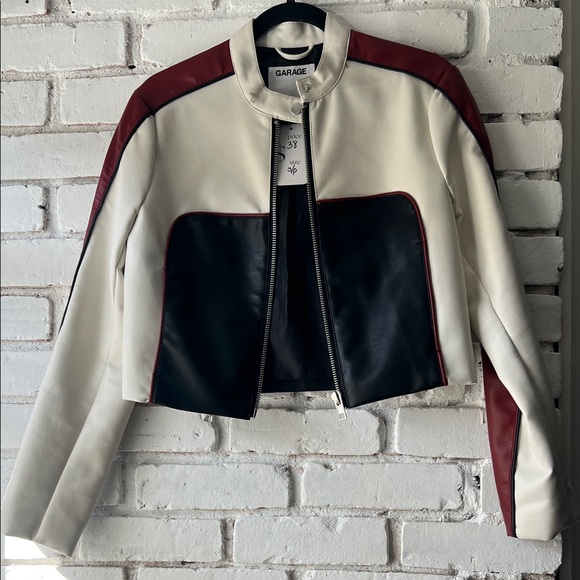 Garage Jackets & Blazers - Garage Colorblock Cropped Moto Jacket - White, Black & Burgundy
